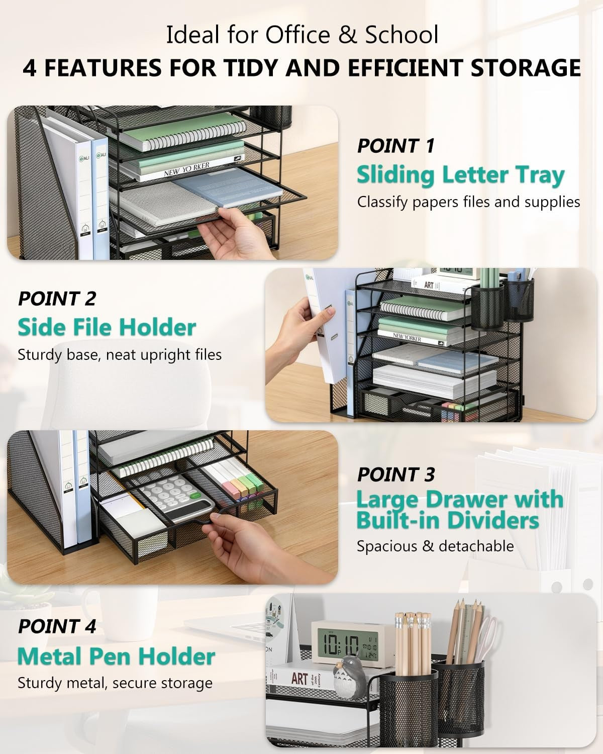 6 Tier Desktop File Organizer with Drawer & Pen Holders   Office Desk Accessorie4