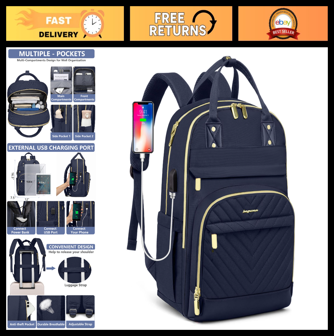 Stylish 15.6" Laptop Backpack for Women   Waterproof Travel Bag with USB Charger0