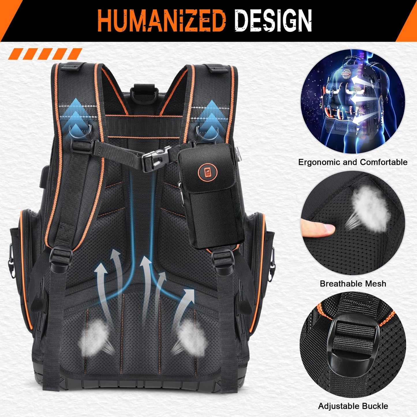Heavy Duty Tool Backpack 18.5"   56 Pockets, Molded Bottom, Durable Storage Bag4