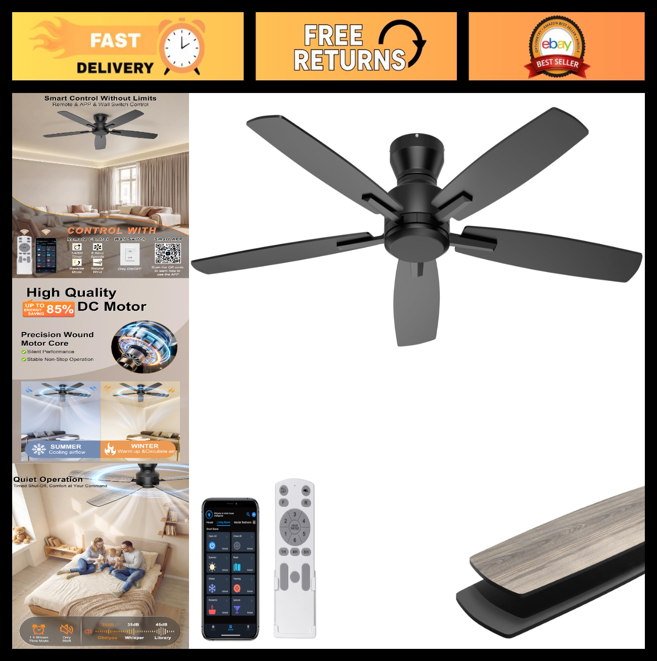 52" Low Profile Ceiling Fan   No Light, Remote/APP Control, Quiet DC Motor, 45800