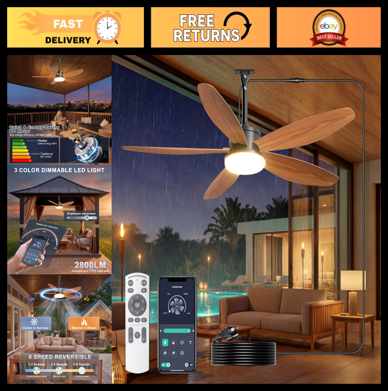 42" Waterproof Outdoor Ceiling Fan with Lights, Remote Control, Quiet DC Motor,0