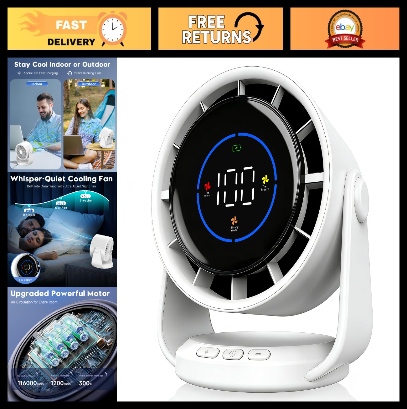Turbo Table Desk Fan, 100 Speed Digital Display, Low Noise, 7.5" Rechargeable, A0