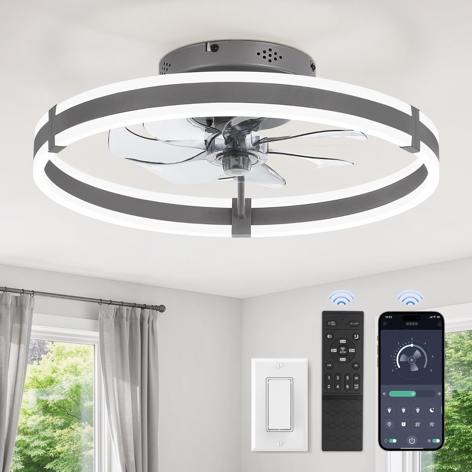 Low Profile 19.7'' Ceiling Fan with Lights & Remote, Dimmable LED, Quiet DC Moto1