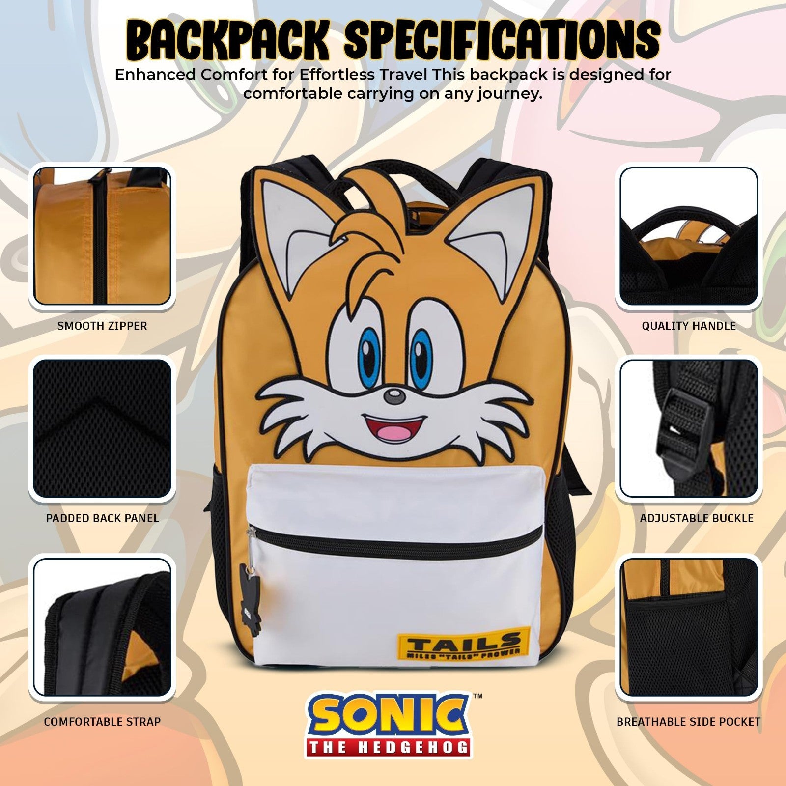 Sonic The Hedgehog Backpack for Kids, 16" Schoolbag with Tails Dangle, Yellow4