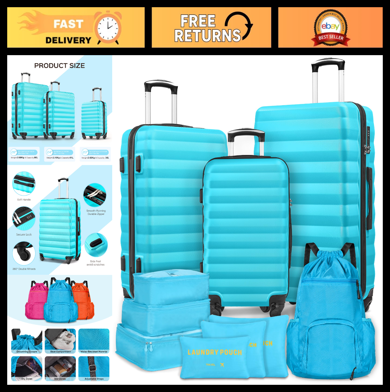 3 Piece Hard Shell Luggage Set with Spinner Wheels, 20/24/28 Inch Travel Suitcas0