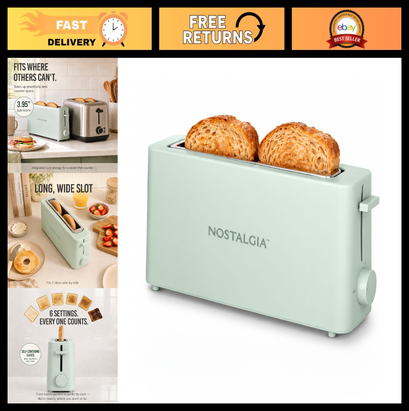 Slim 2 Slice Toaster with Wide Slot, Adjustable Browning, Drop down Crumb Tray,0