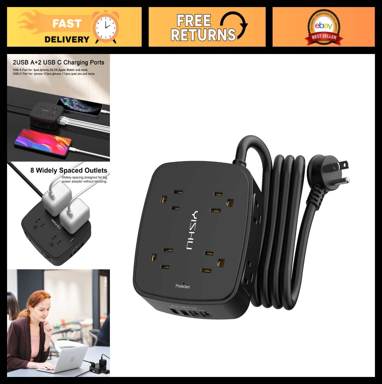 6ft Surge Protector Power Strip   8 Outlet Power Hub & 4 USB Ports, Flat Plug, W0