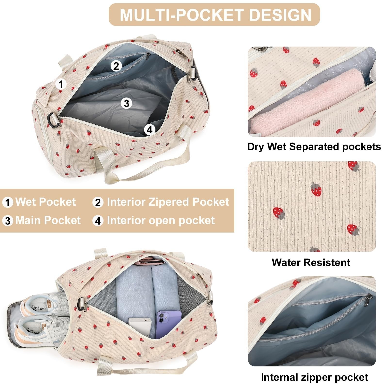 Cute Girls Duffle Bag with Shoes Compartment & Wet Separation - Waterproof Gym &4