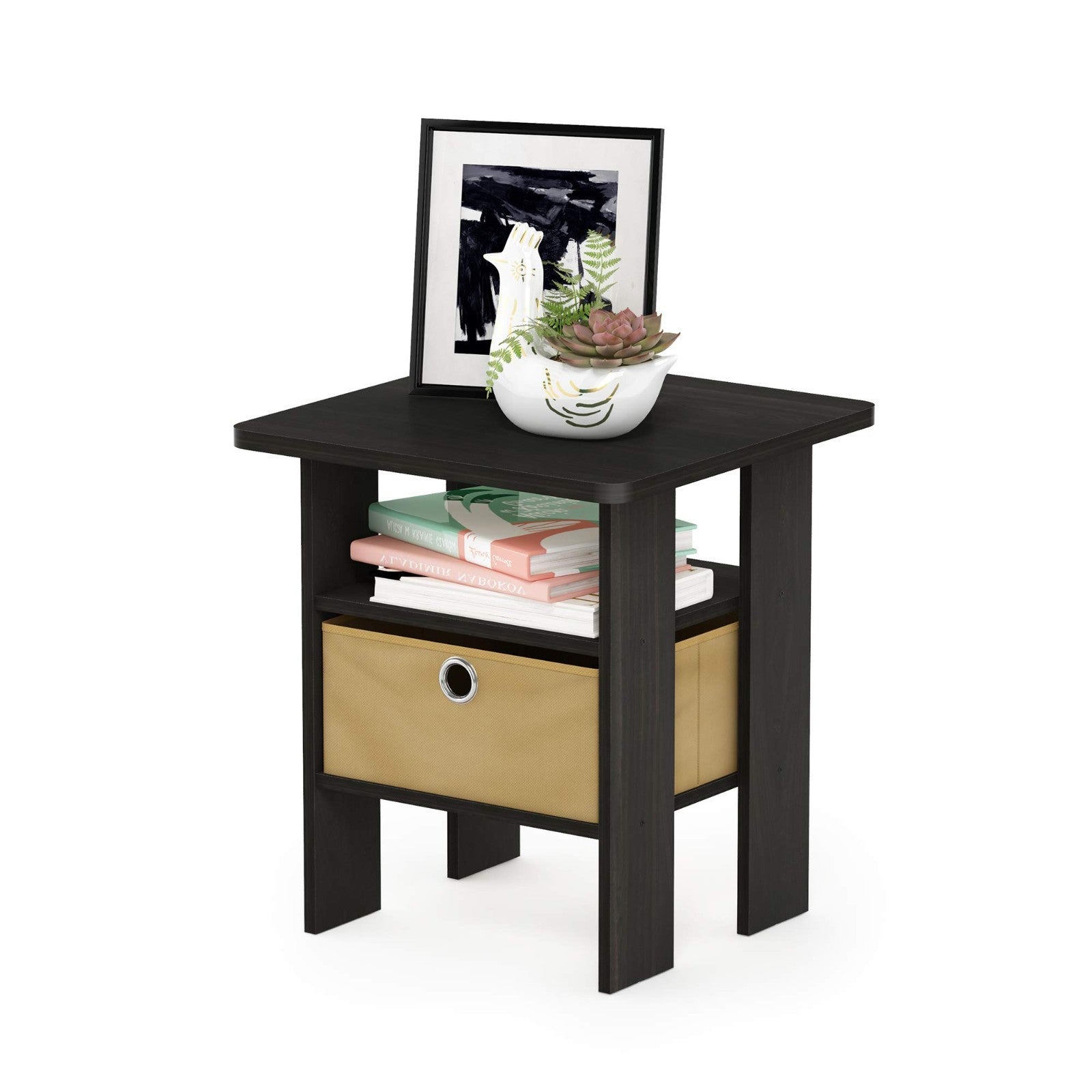 Stylish Side Table with Open Shelves & Storage Bin - Nightstand for Bedroom & Li0