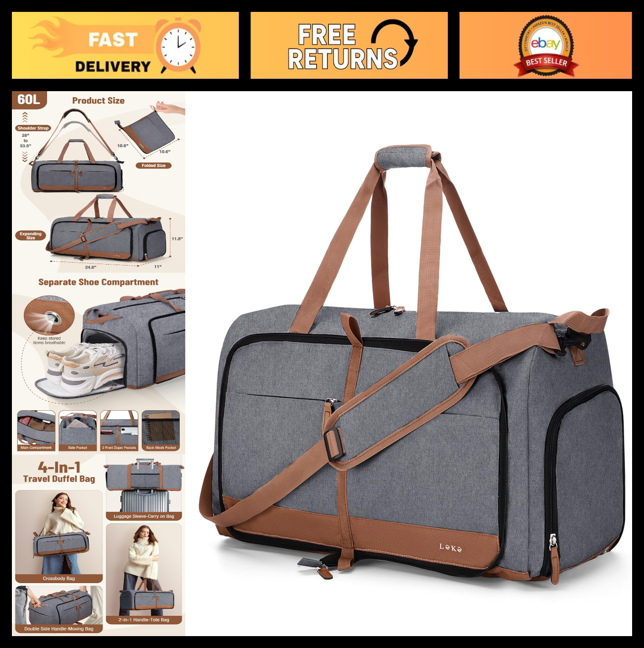 60L Foldable Travel Duffel Bag for Women, Large Weekend Bag with Shoe Compartmen0