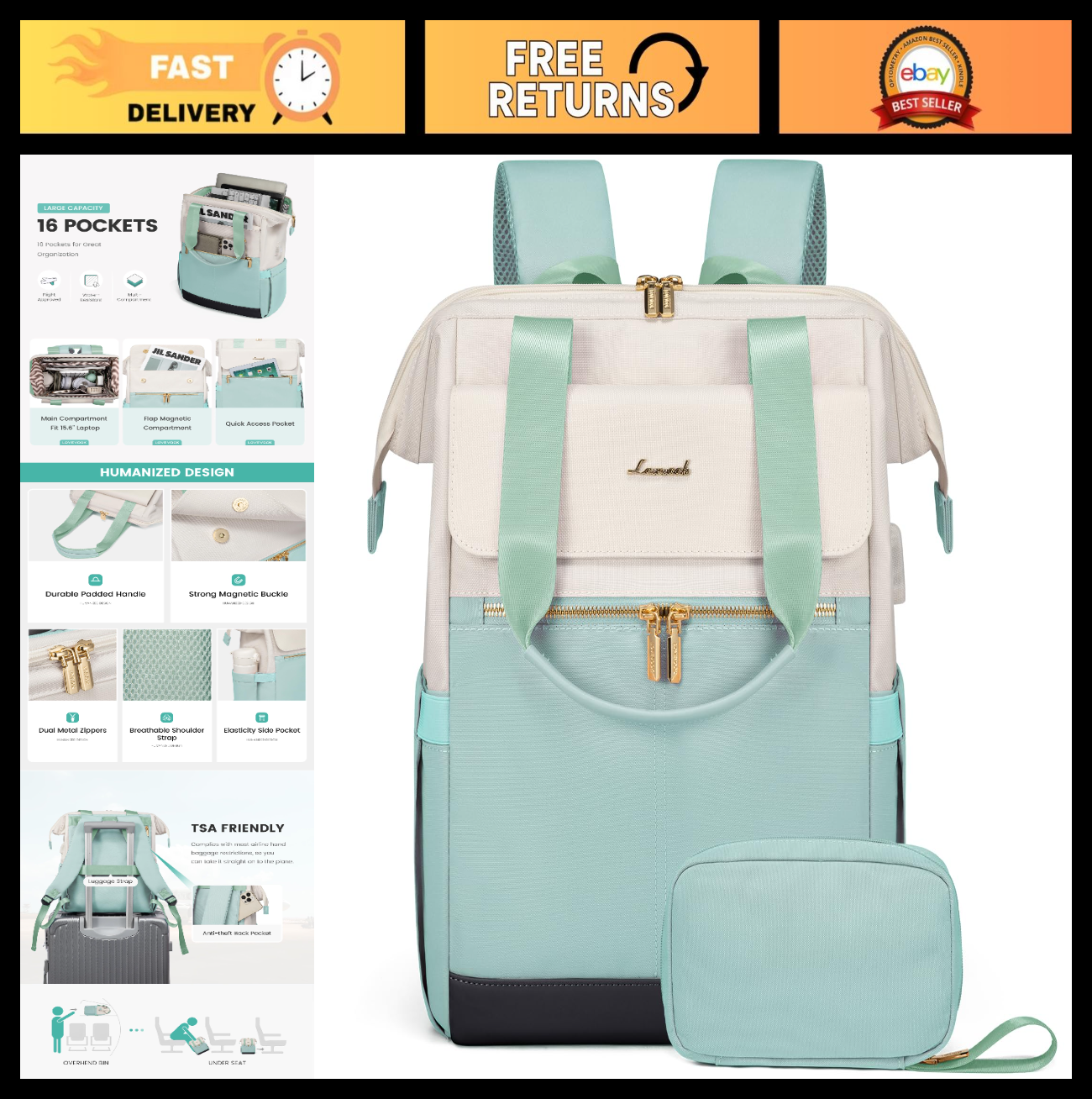 Stylish 15.6" Laptop Backpack for Women, USB Port, Waterproof Travel Bag, 2PCS0
