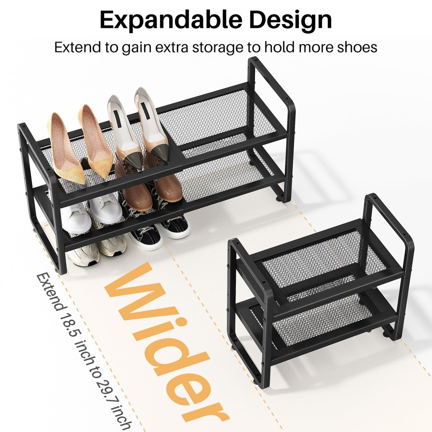 Expandable 2 Tier Metal Shoe Rack   Adjustable Height, Stackable, Fits Small Spa3