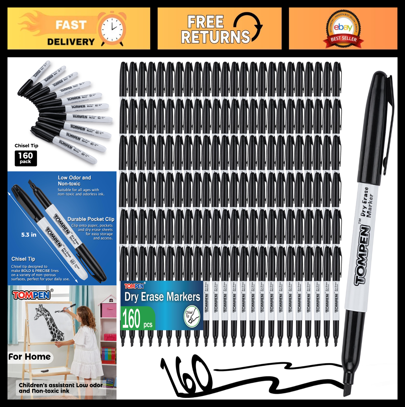 Bulk Dry Erase Markers 160 Pack, Chisel Tip, Low Odor Quick-Drying for Office &0