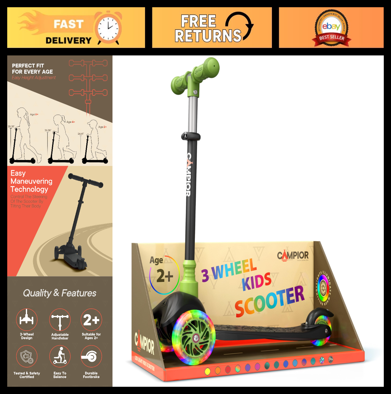 Mini 3-Wheel Scooter for Kids - Lean-to-Steer, LED Light-Up Wheels, Adjustable H0