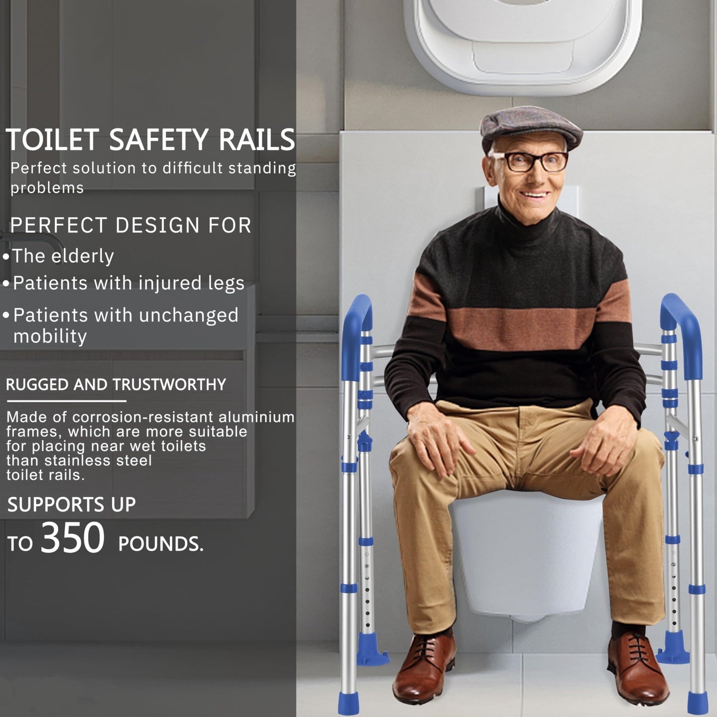 Adjustable Toilet Safety Rails   350 lbs Capacity, Foldable Design, Fits Most To5