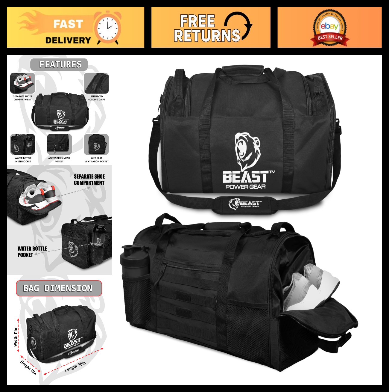 Versatile Gym Duffle Bag for Workout, Boxing, MMA - Shoes Compartment & Adjustab0