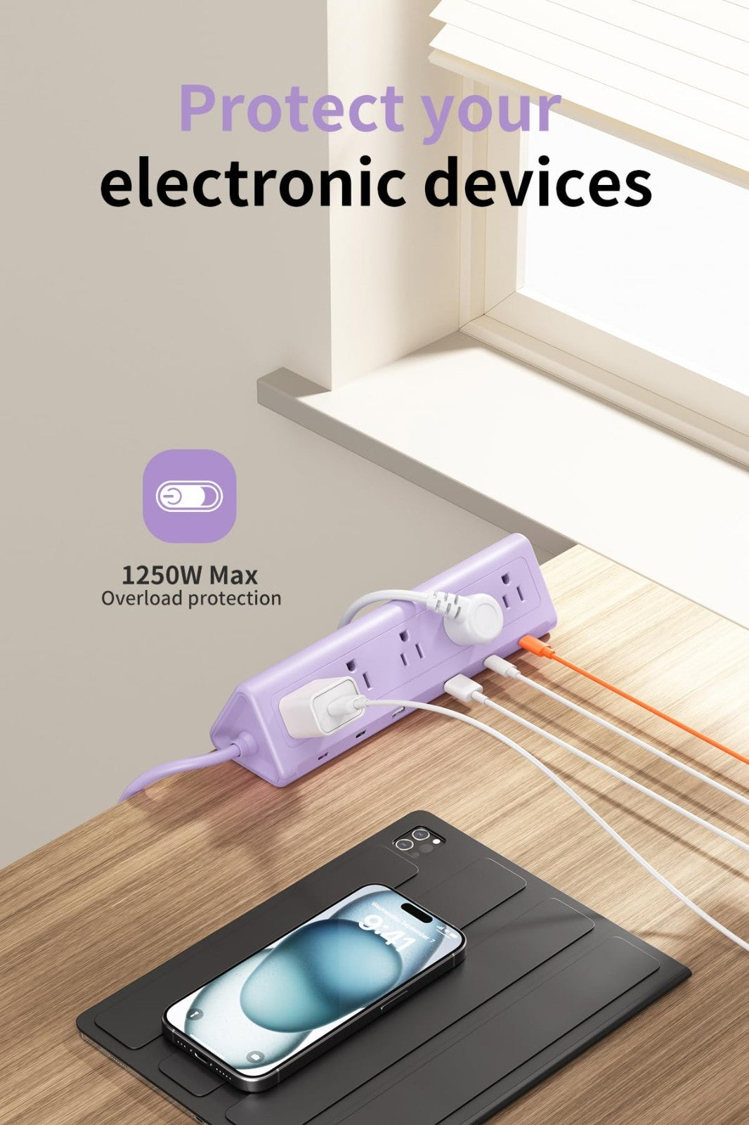 6.5FT Desk Clamp Power Strip   5 AC Outlets, 6 USB Ports, PD 40W Fast Charge6