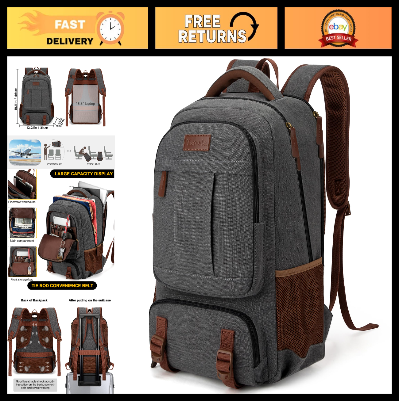 Stylish Canvas Laptop Backpack for Men & Women, Durable Travel Bag with Multiple0