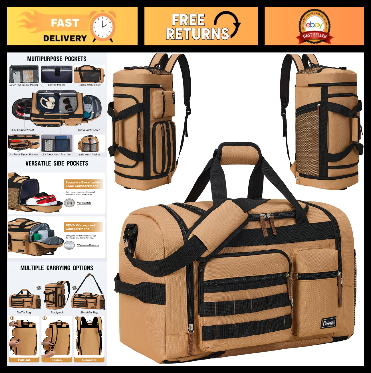 3-in-1 Sports Travel Duffel Bag 39L | Multipurpose Gym Bag with Wet Pocket & Sho0