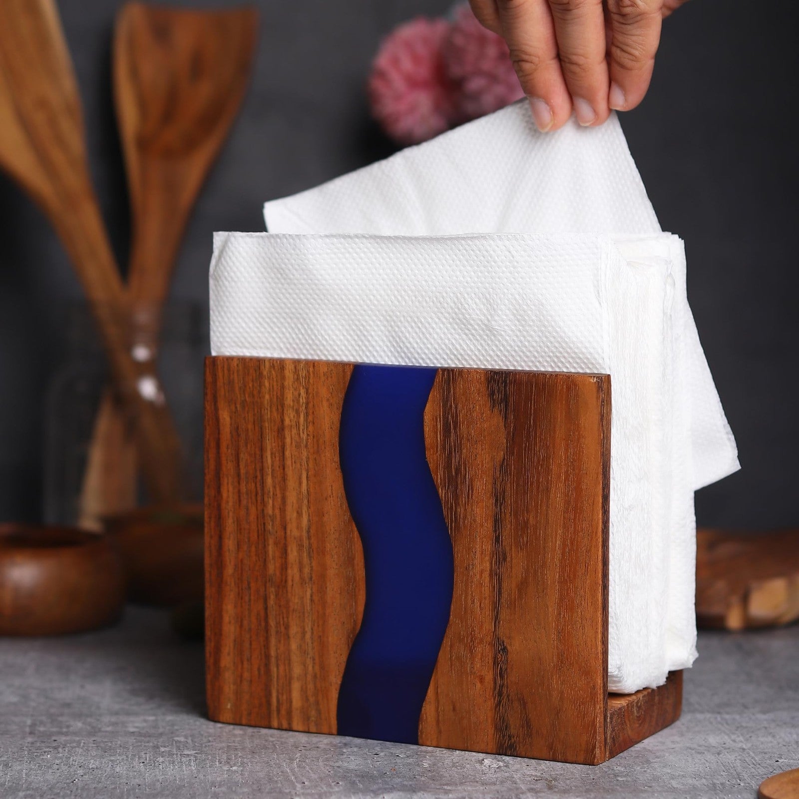 Rustic Acacia Wood Napkin Holder with Blue Epoxy Resin - Farmhouse Table Organiz4