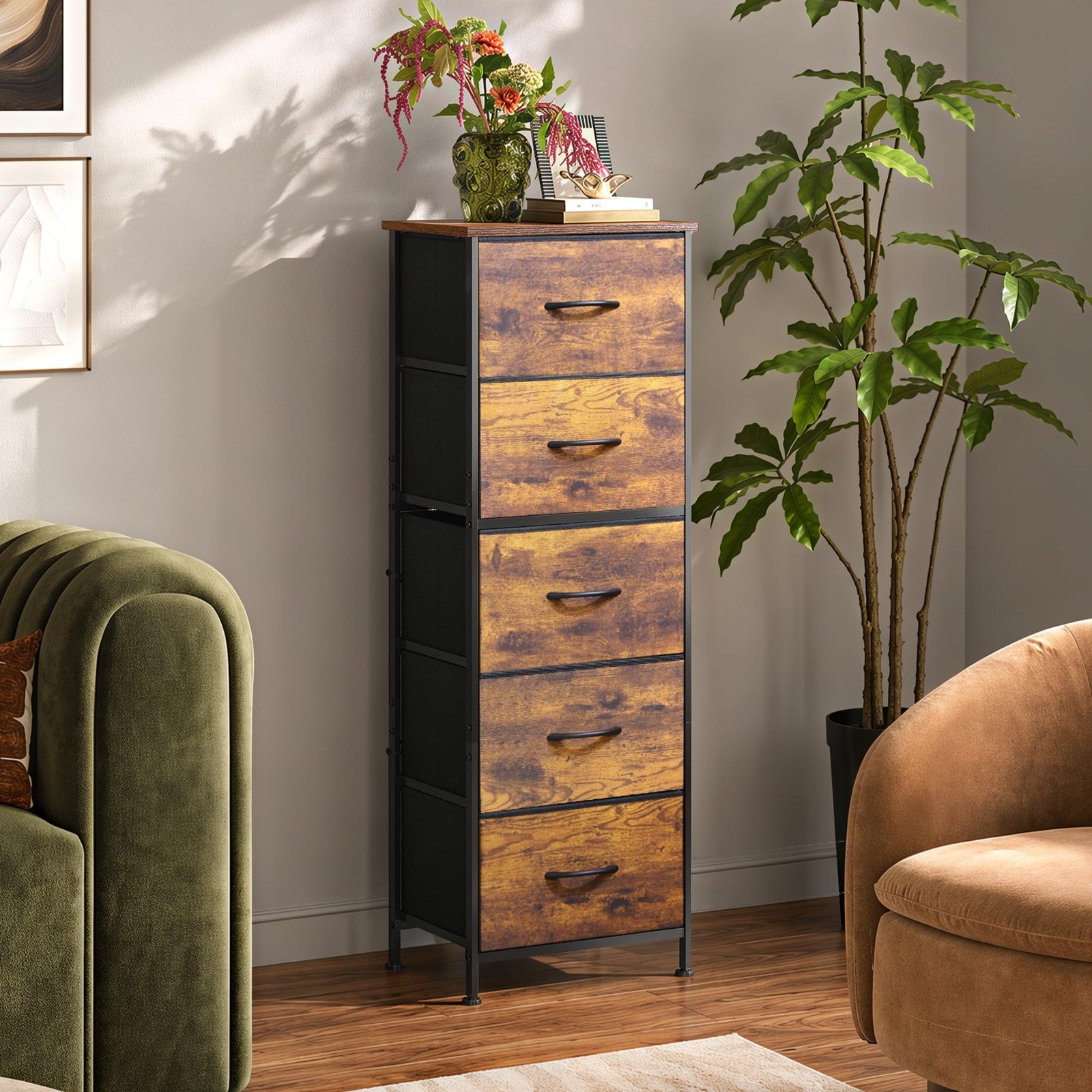 Tall Dresser for Bedroom - 5 Drawer Vertical Storage Chest, Rustic Brown, Space-3
