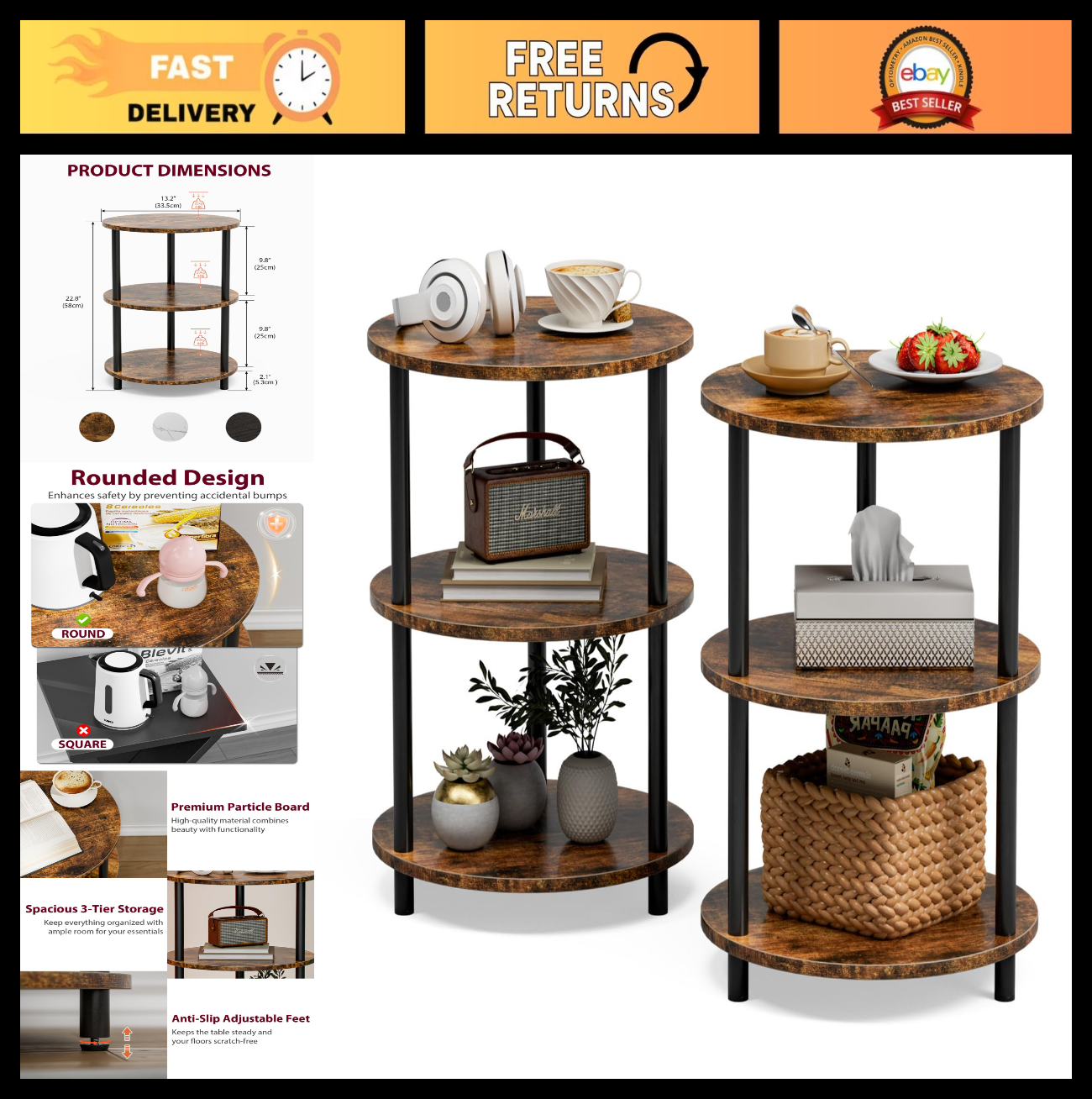 Set of 2 Small Round End Tables - 3 Tier Accent Nightstands for Bedroom, Living0