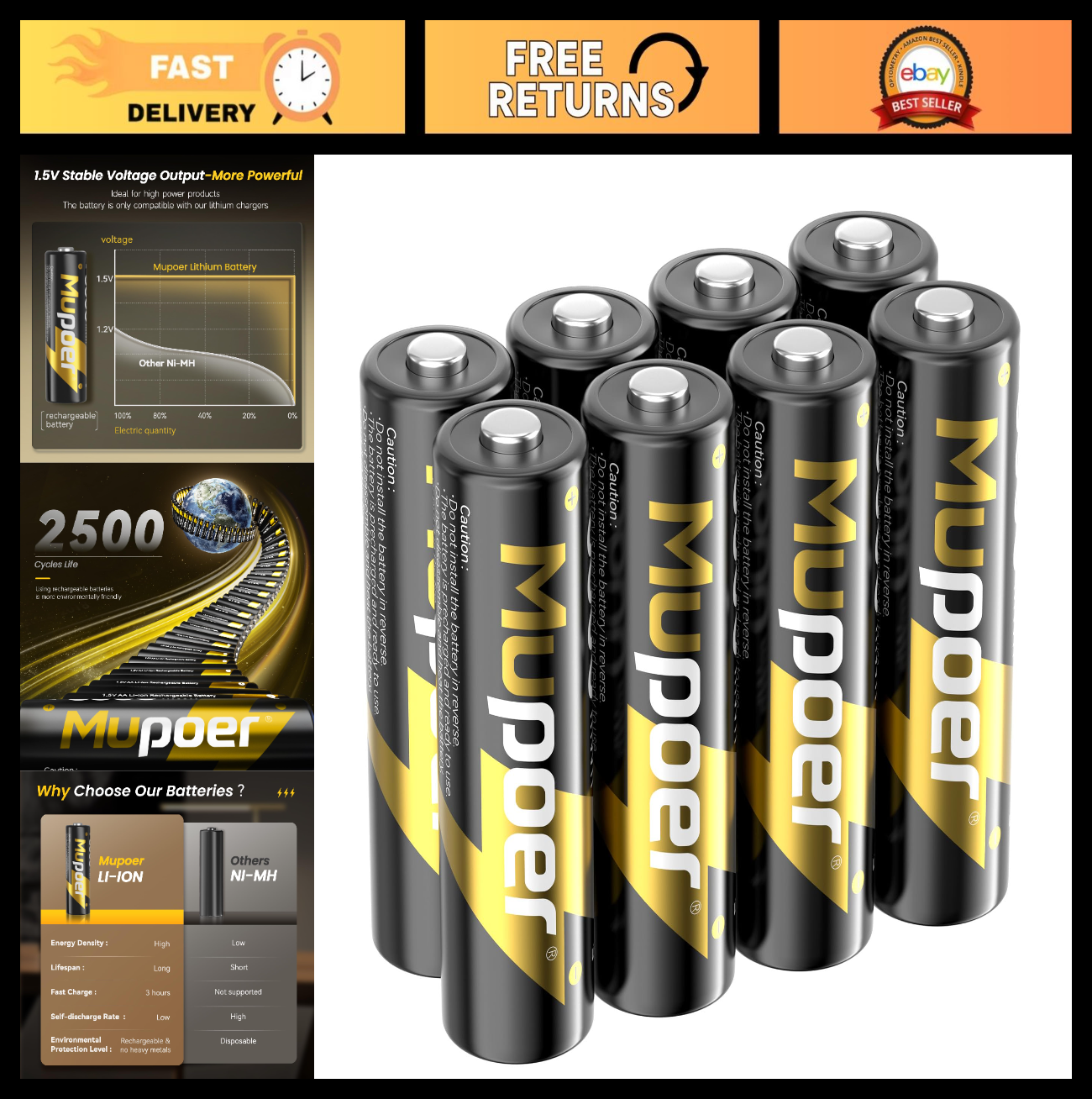 Rechargeable AA Lithium Batteries 8 Pack - High Capacity 1.5V 3600mWh, Li-ion fo0