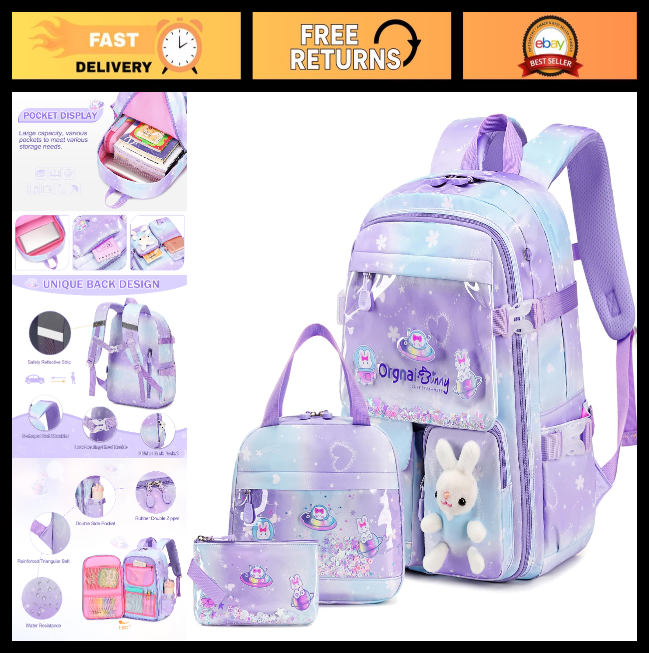 3PCS Kawaii Bunny Girls Backpack Set   School Bag with Lunch Box & Pencil Case,0