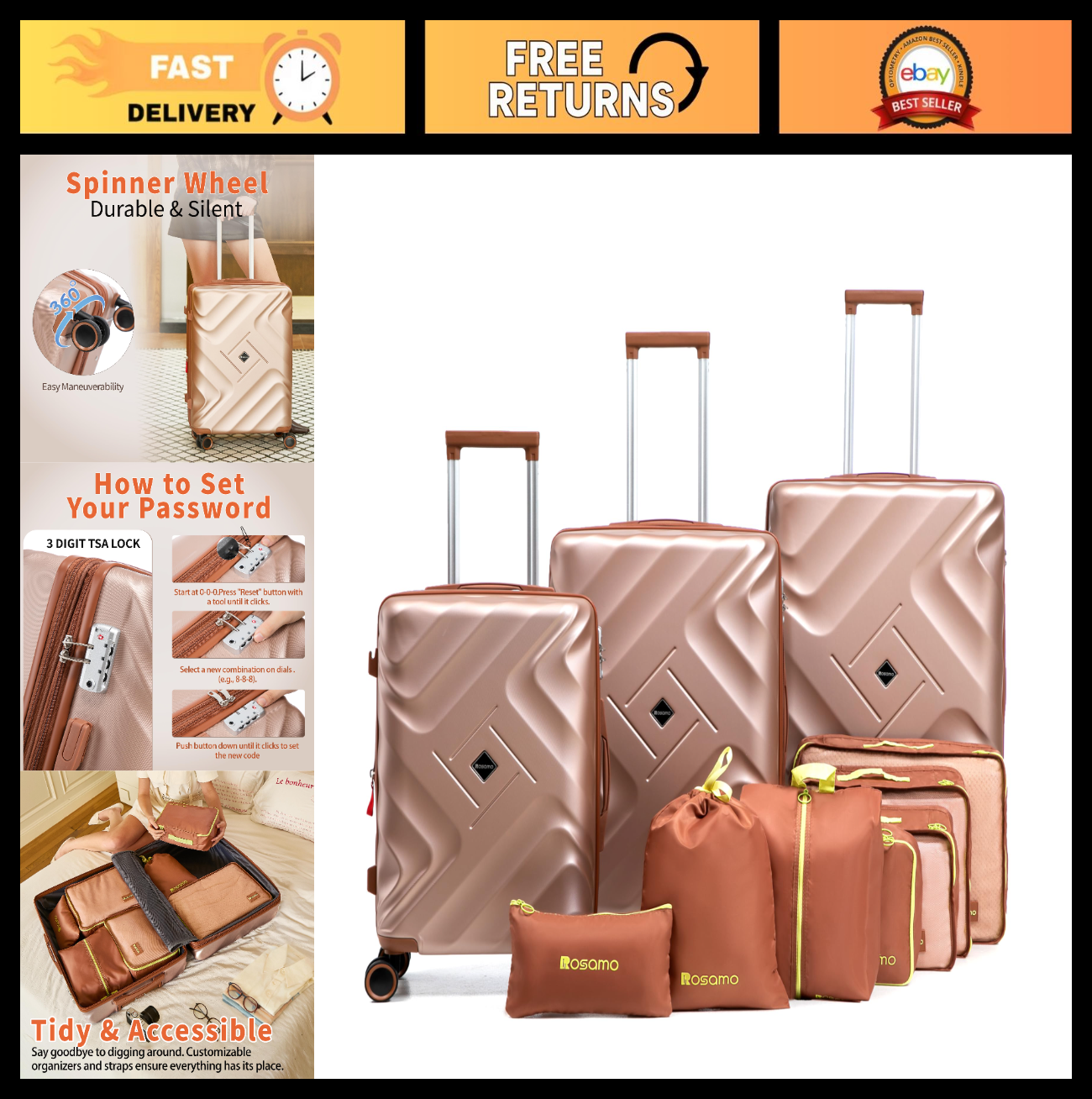 10-Piece Expandable Luggage Set - 22" Carry-On Suitcase, Hard Shell, Spinner Whe0