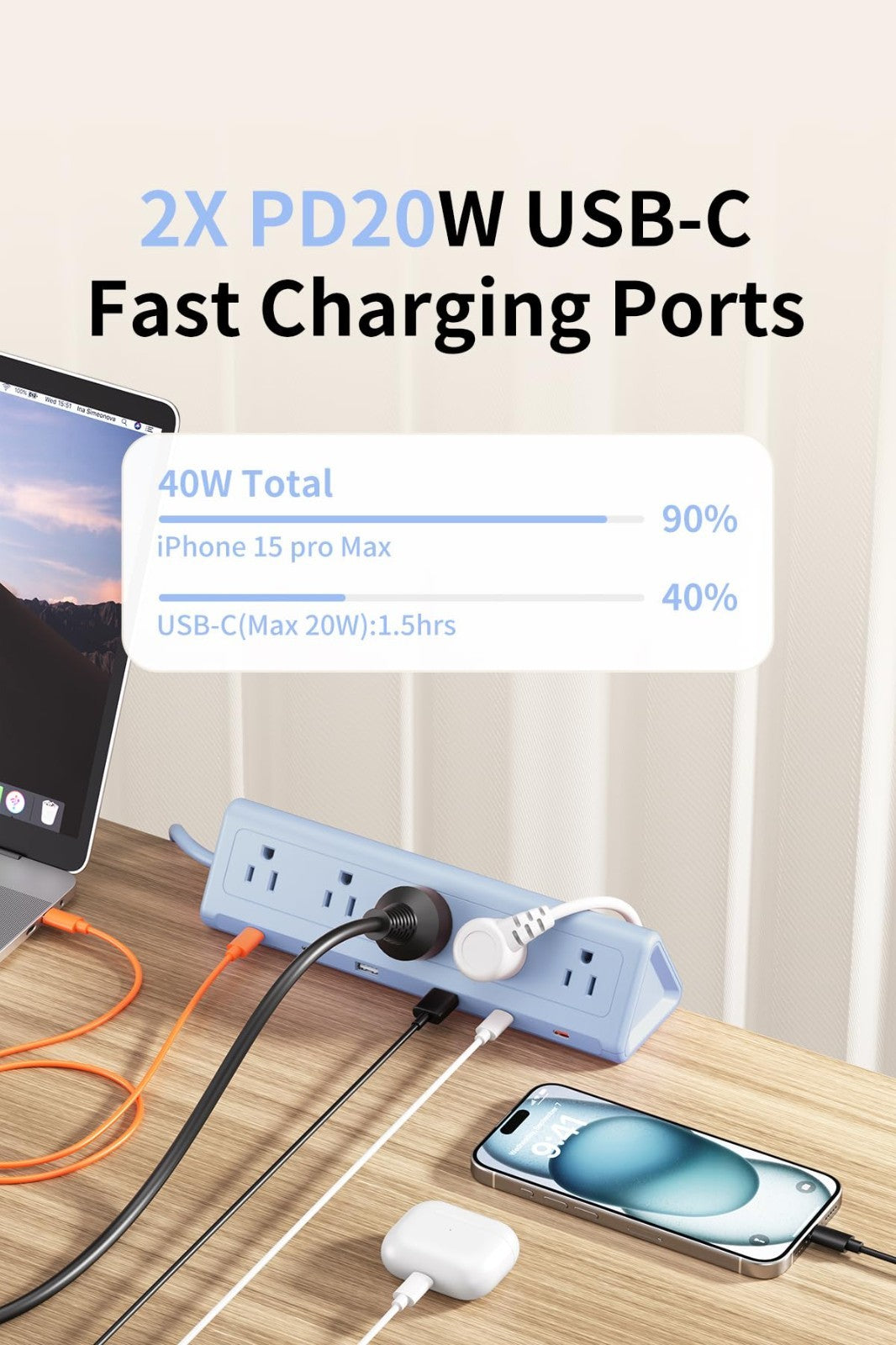 6.5FT Desk Clamp Power Strip   5 AC Outlets, 6 USB Ports, PD 40W Fast Charging2