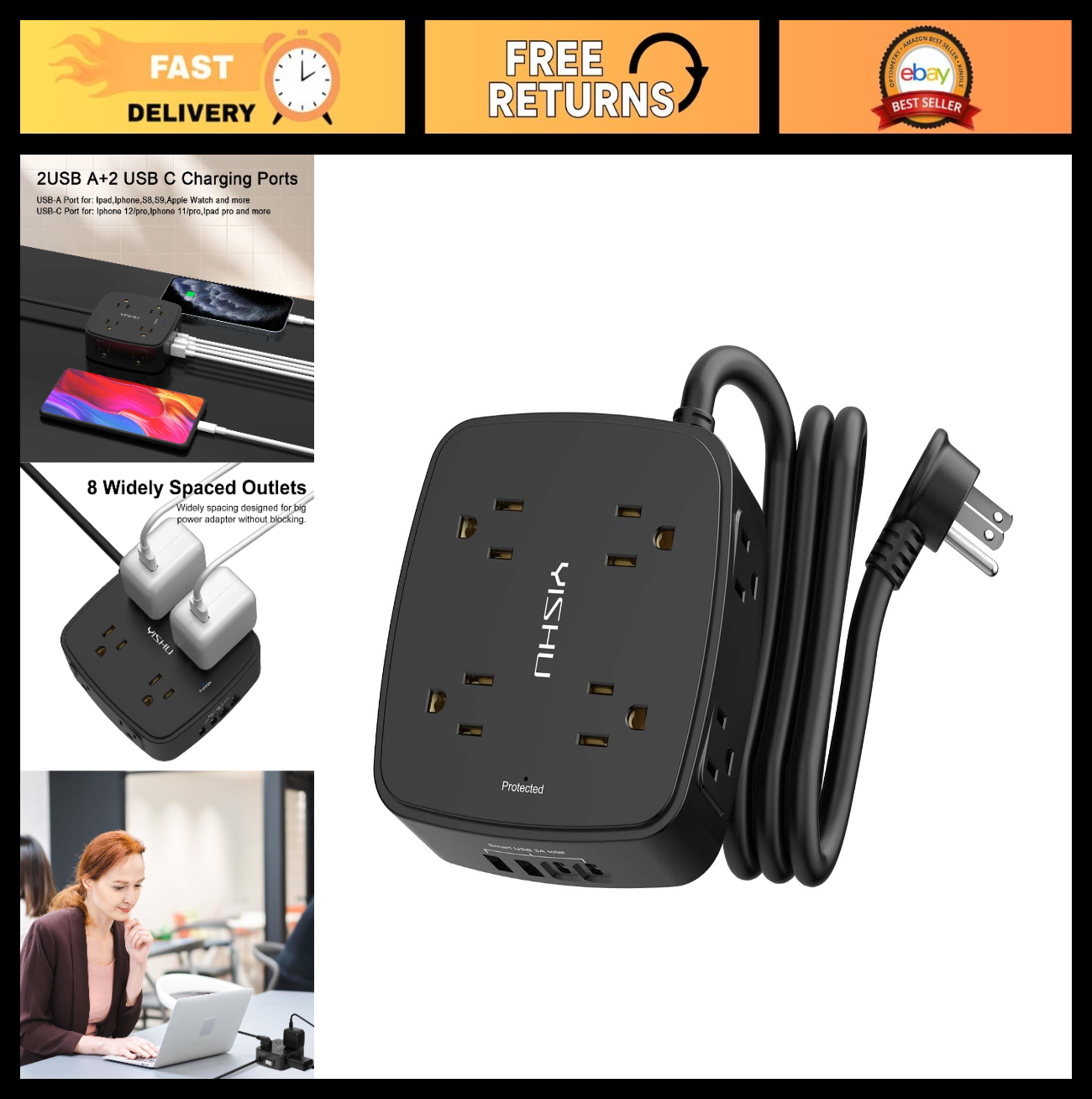 8 Outlet Surge Protector Power Strip with 4 USB Ports, 5ft Extension Cord, Flat0