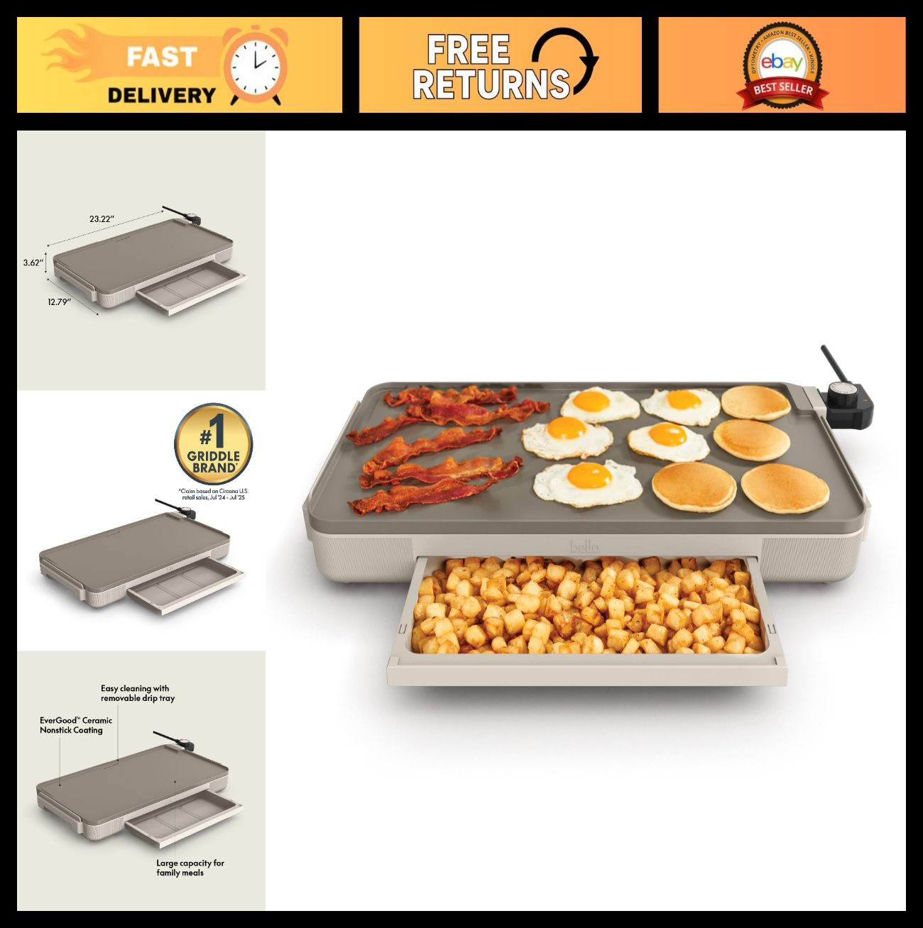 Electric Griddle 12" x 22" with Warming Tray, Nonstick Coating, Removable Probe,0