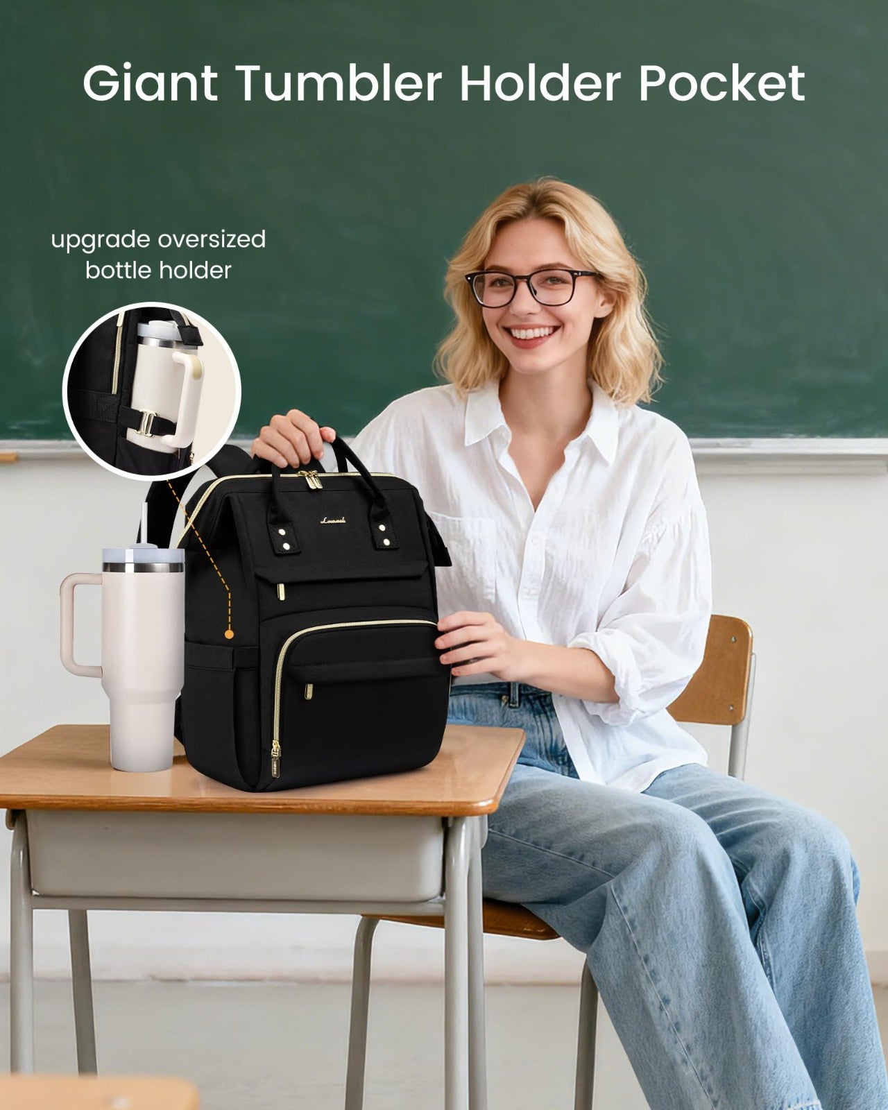 Spacious Waterproof Laptop Backpack for Women, 18" Travel Bag with Tumbler Holde2
