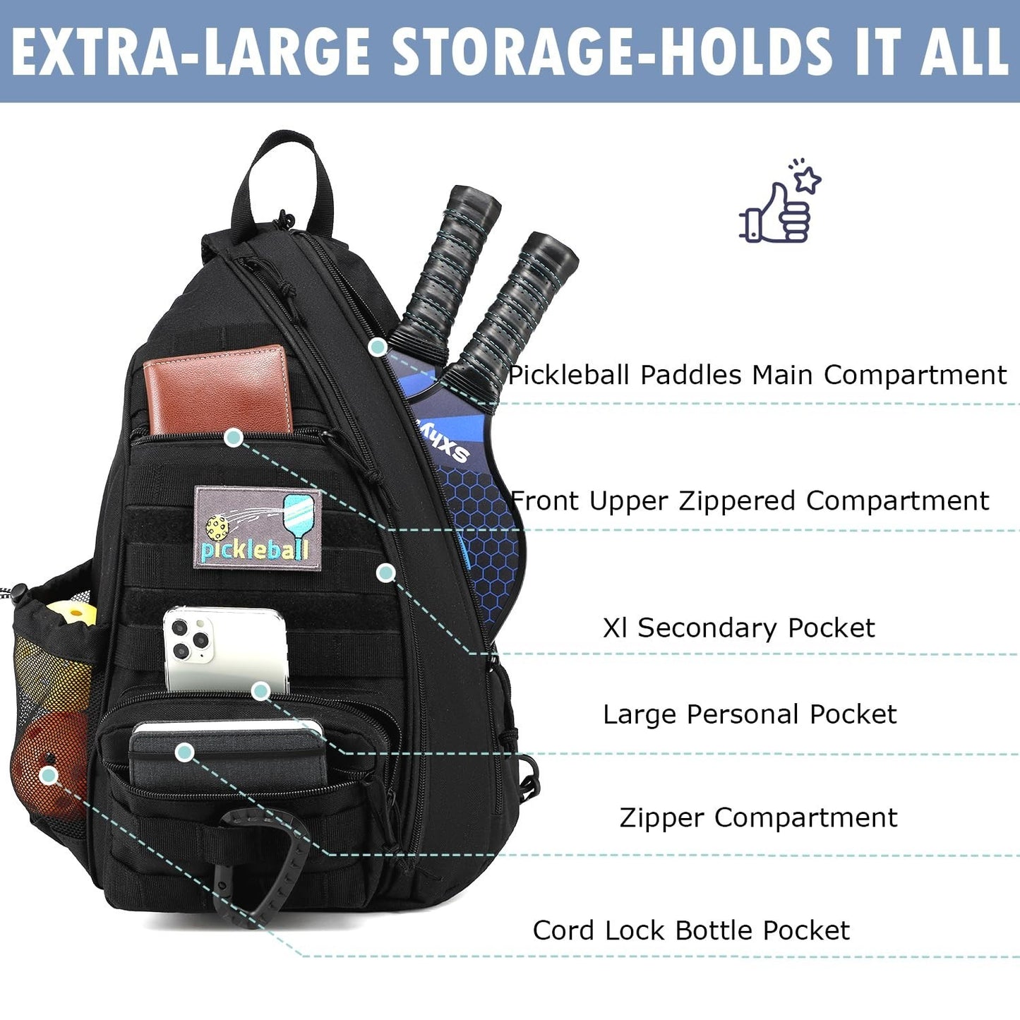 Tactical Pickleball Backpack for Men & Women | Adjustable Sling Bag with Hook &3
