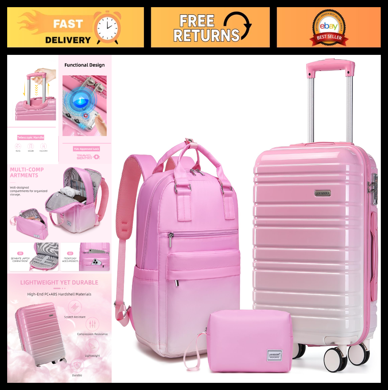 3-Piece Carry-On Luggage Set - 20" Hardshell Suitcase, TSA Lock, 360° Wheels, Ba0