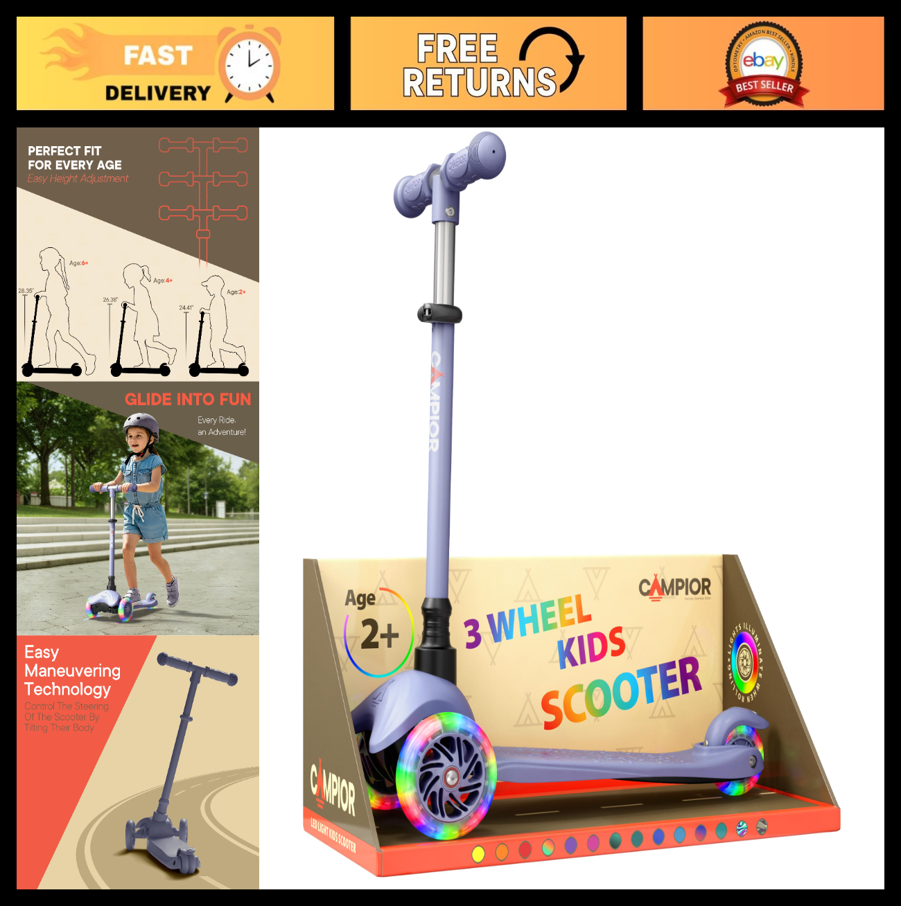 Mini 3-Wheel Kick Scooter for Kids - Lean-to-Steer, LED Wheels, Adjustable Handl0