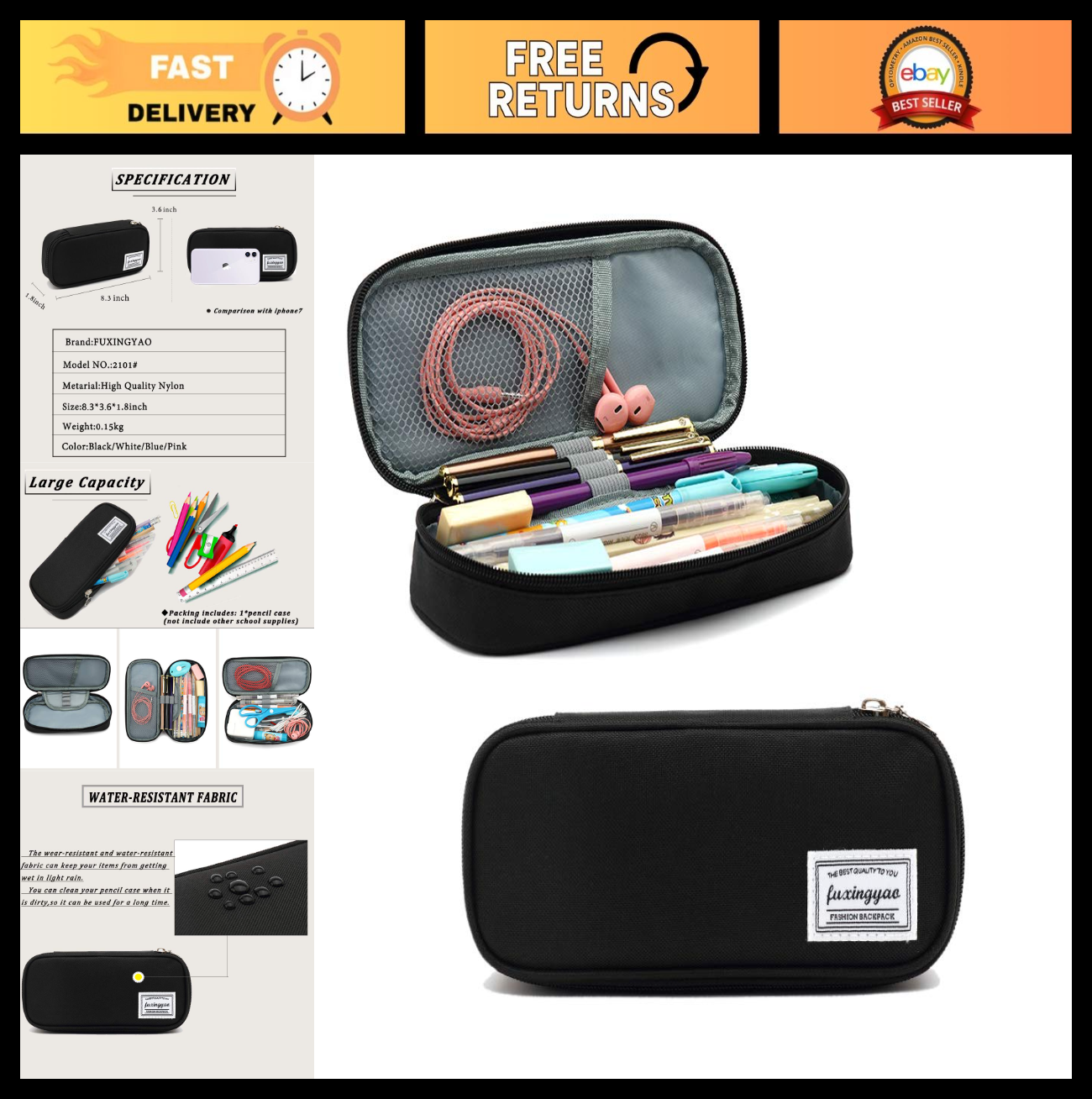 Multi Slot Pencil Case, Portable Pouch for School & Office, Black Pen Bag0