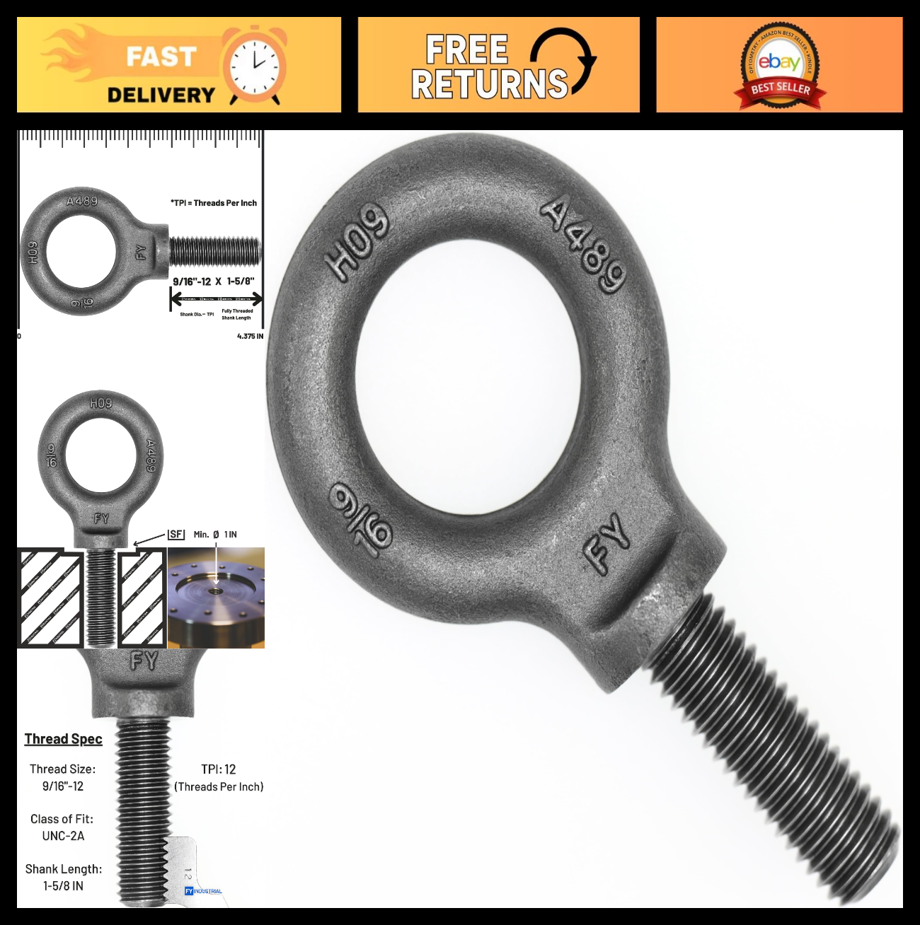 Heavy-Duty Lifting Shoulder Eye Bolt 9/16"-12 X 1-5/8" - Strong & Durable Hardwa0