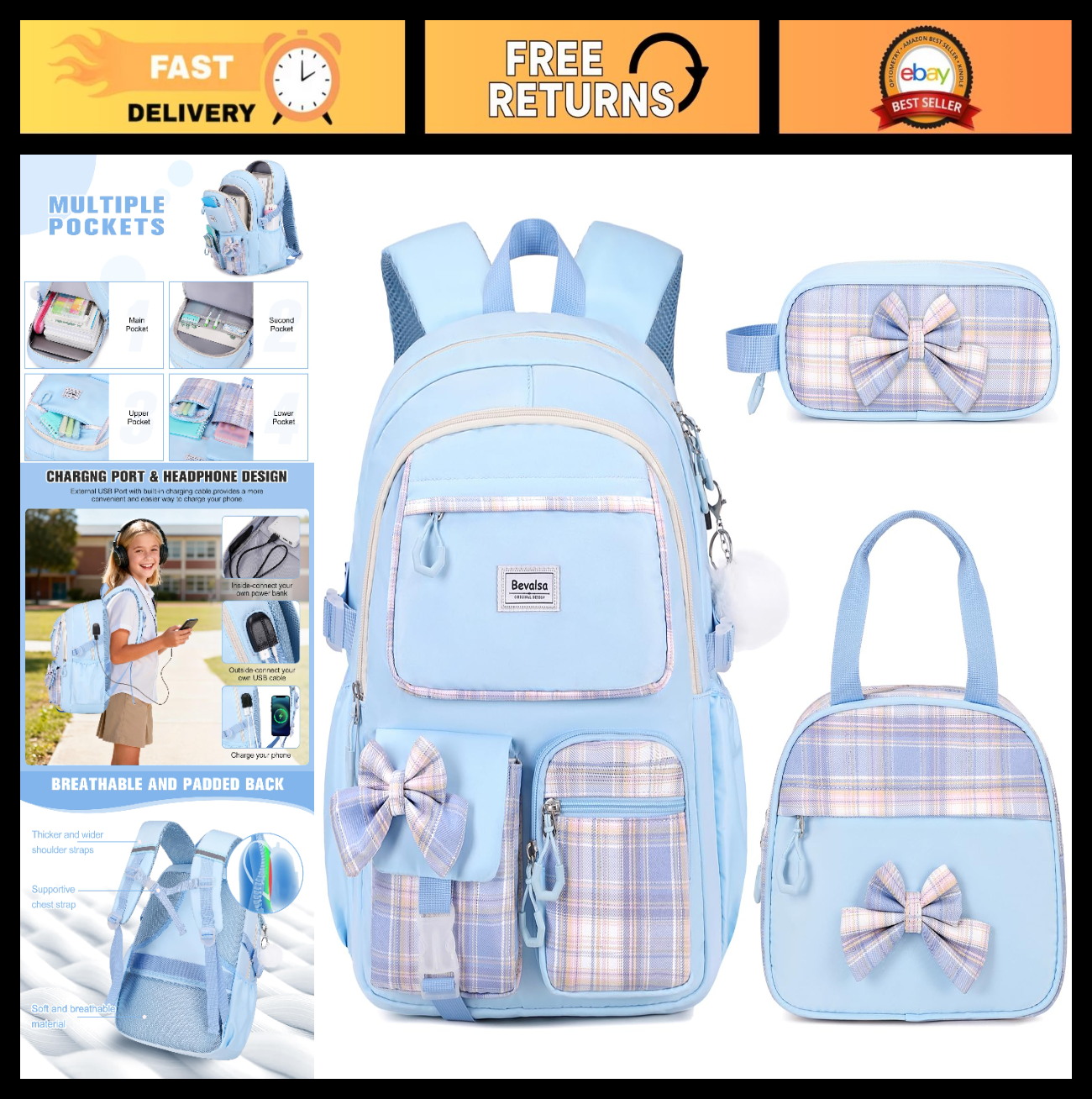 Cute Bow Backpack for Girls   School Bag with Lunch Bag & Pencil Case, Stylish &0