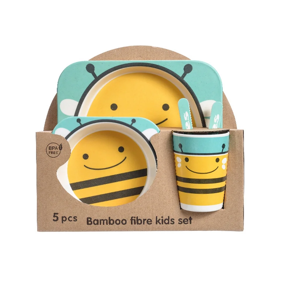 5Pcs/Set Bamboo Kids Dinnerware Set - Children Dishes - BPA Free Food Plate Bowl0