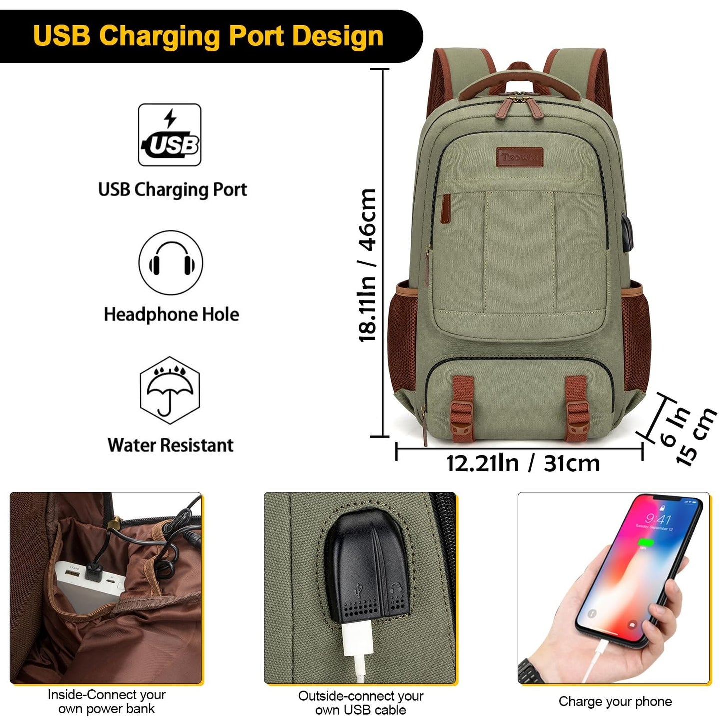 Canvas Laptop Backpack for 15.6" Laptop, Travel Rucksack, Large Capacity Bag for2