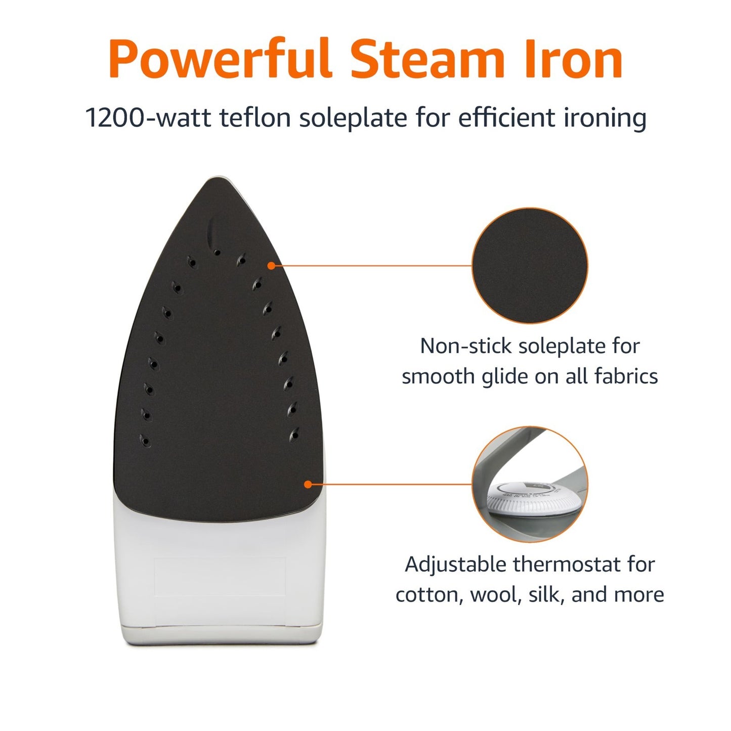 1200W 10” Steam Iron with Non-Stick Soleplate, Auto Shut-Off, Anti-Drip, 6.5Ft C3