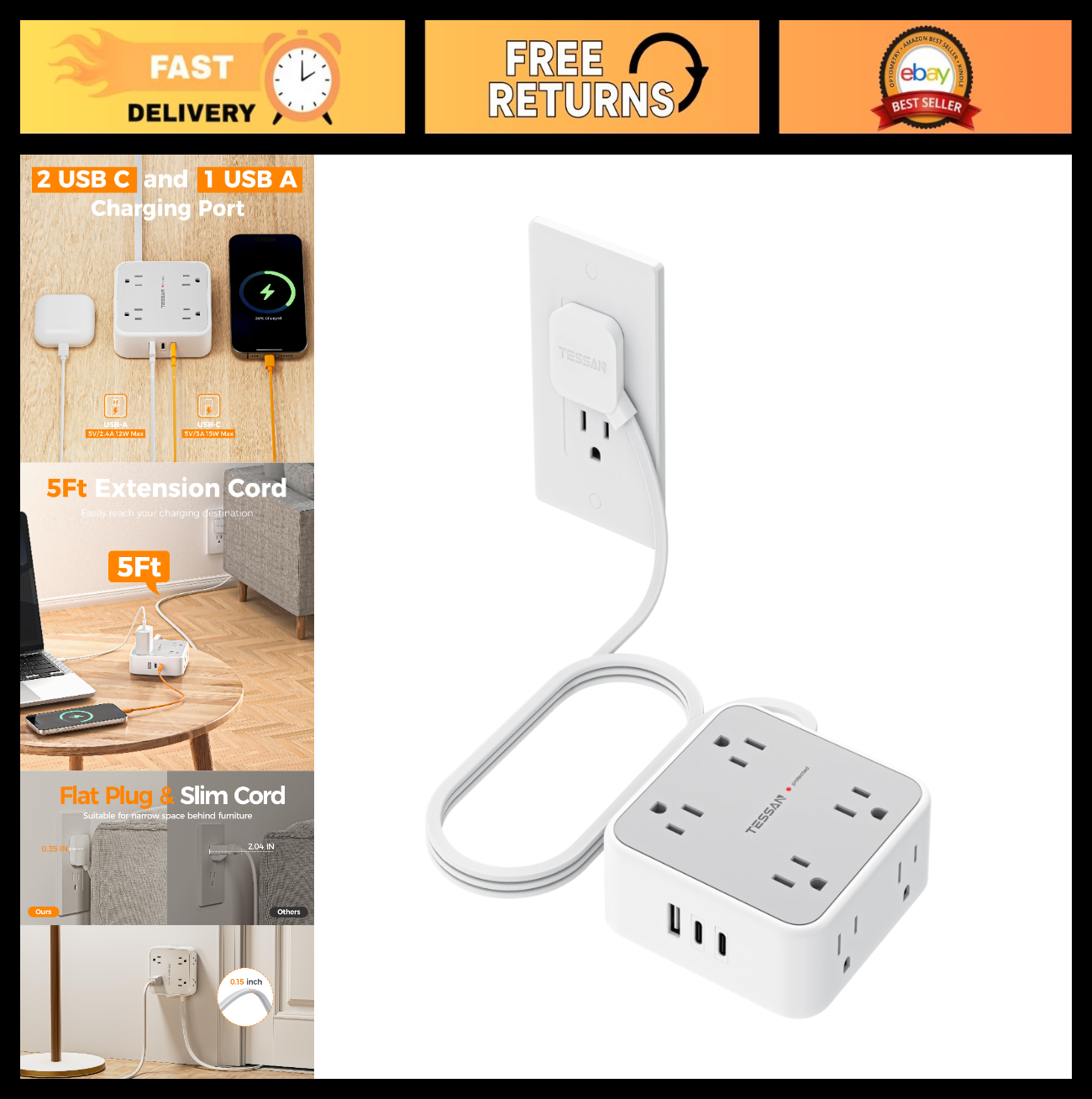 Surge Protector Power Strip 900J Protection, 5 Ft, 6 Outlets, Grey Color0