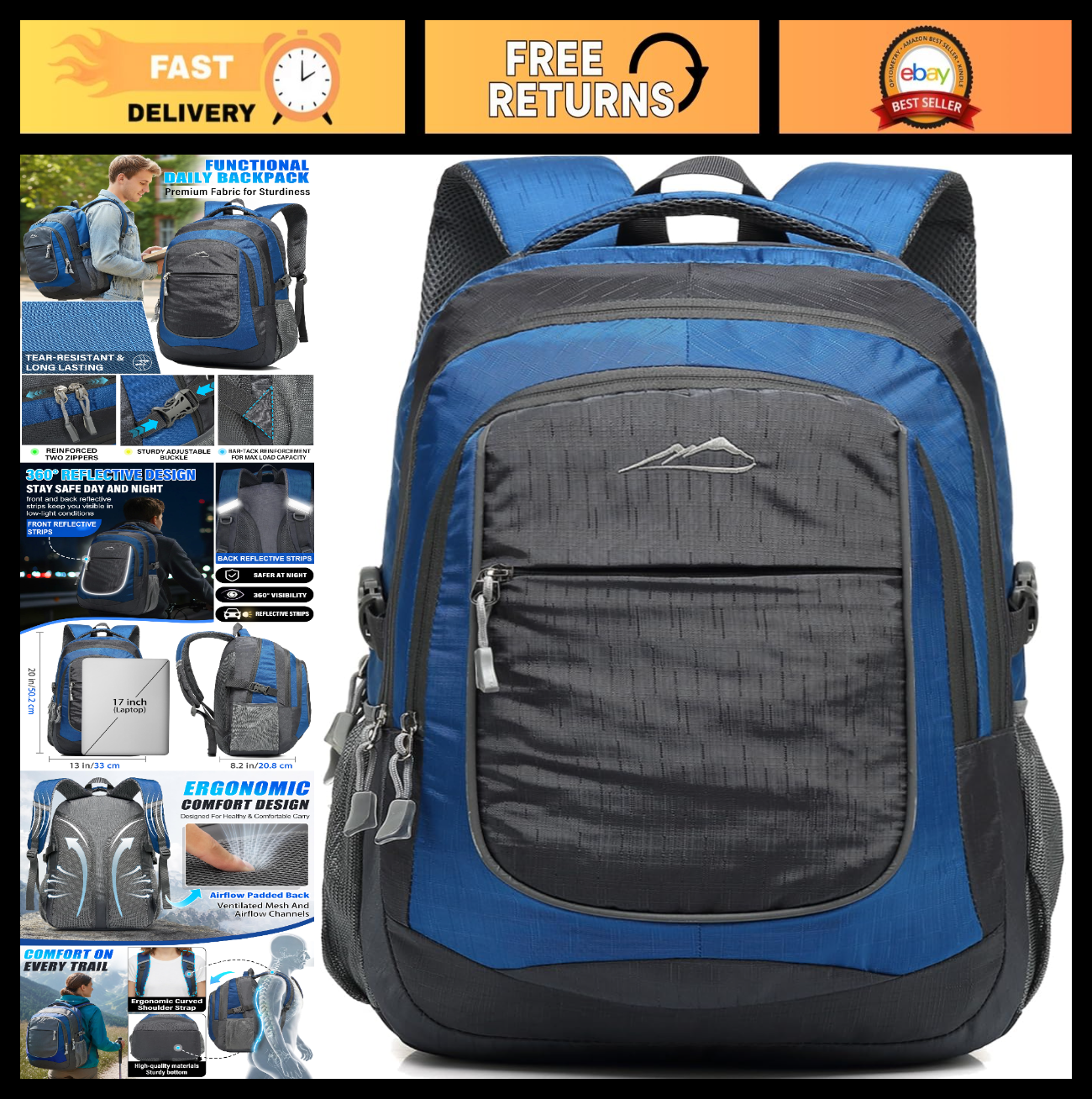 Extra Large Multi Compartment Backpack for College, Travel, Business & Hiking  0