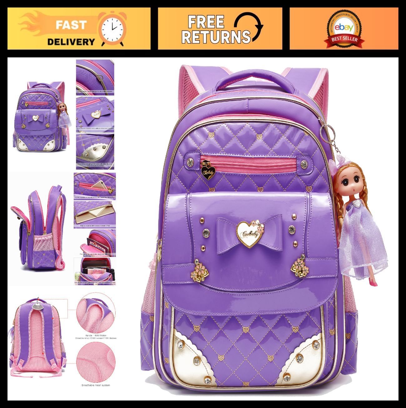 Waterproof Girls Backpack, Cute Toddler School Bag, Small Travel Daypack, A Purp0