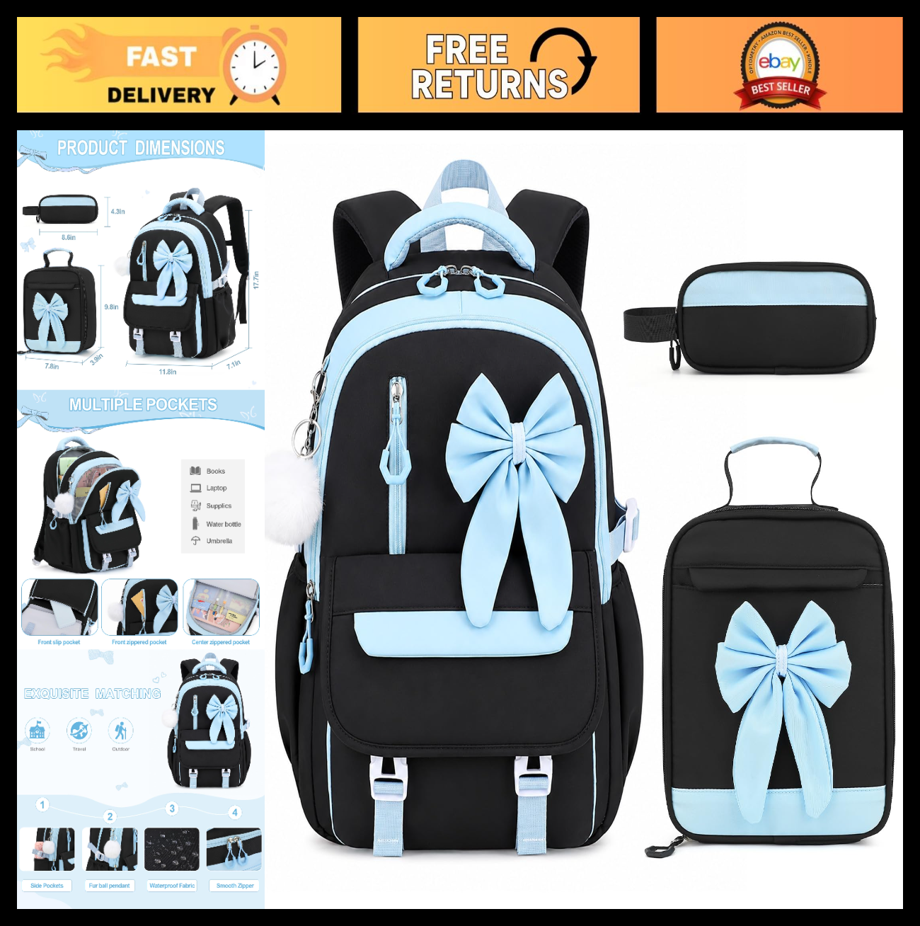 Girls Bow Backpack Set   3PCS with Lunch Bag & Pencil Case   Cute School Bag0