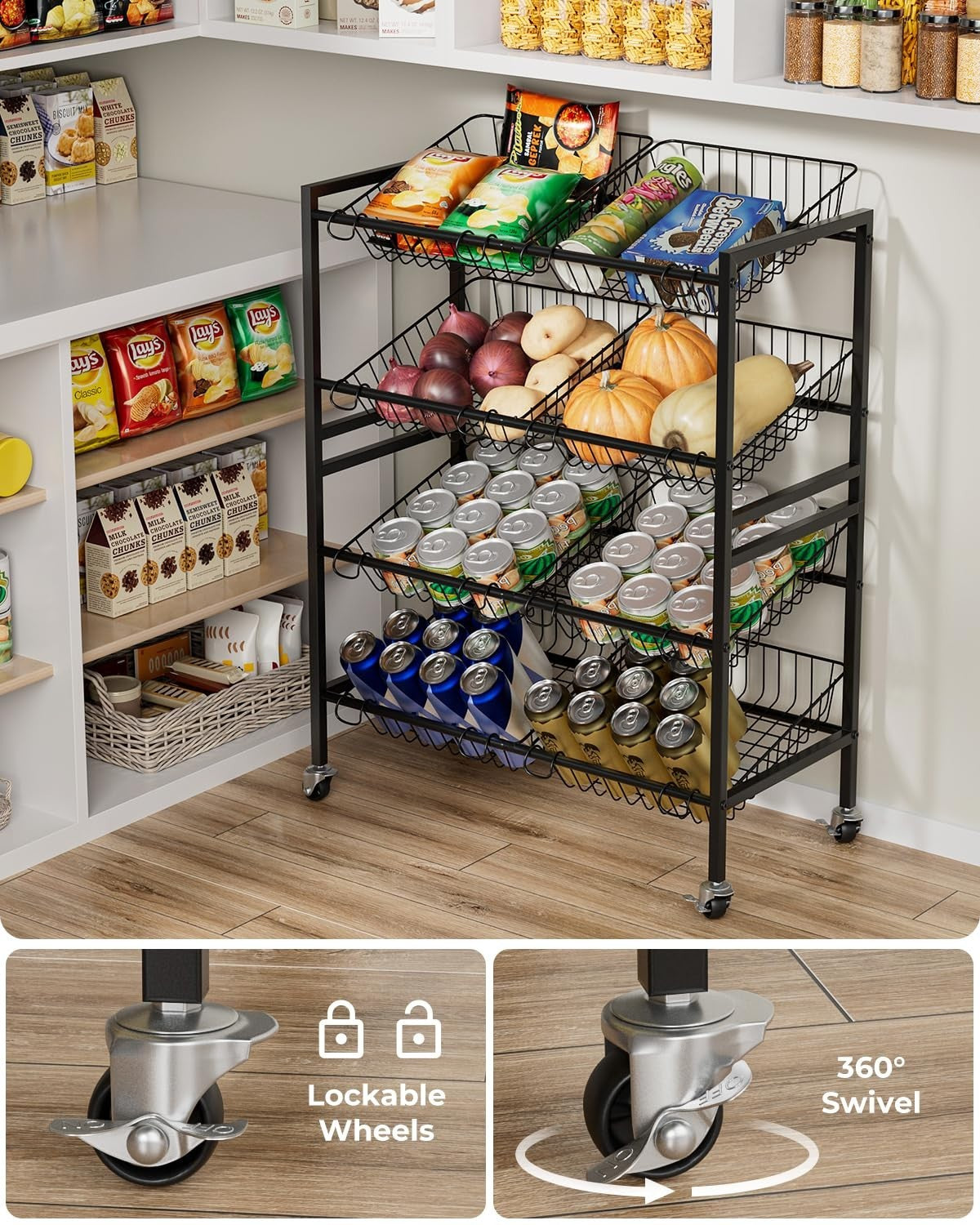 25.2" Kitchen Storage Cart   4 Tier Snack Cart with Wheels, Metal Fruit & Vegeta3