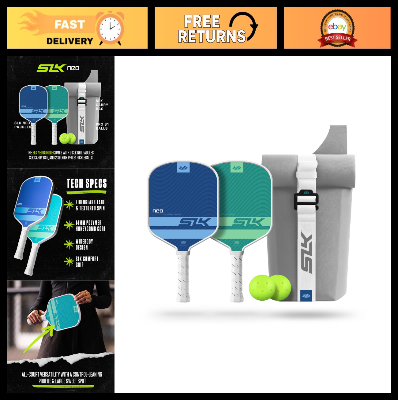 2-Pack Pickleball Paddles Set with Pickleballs & Sling Bag | Graphite/Fiberglass0
