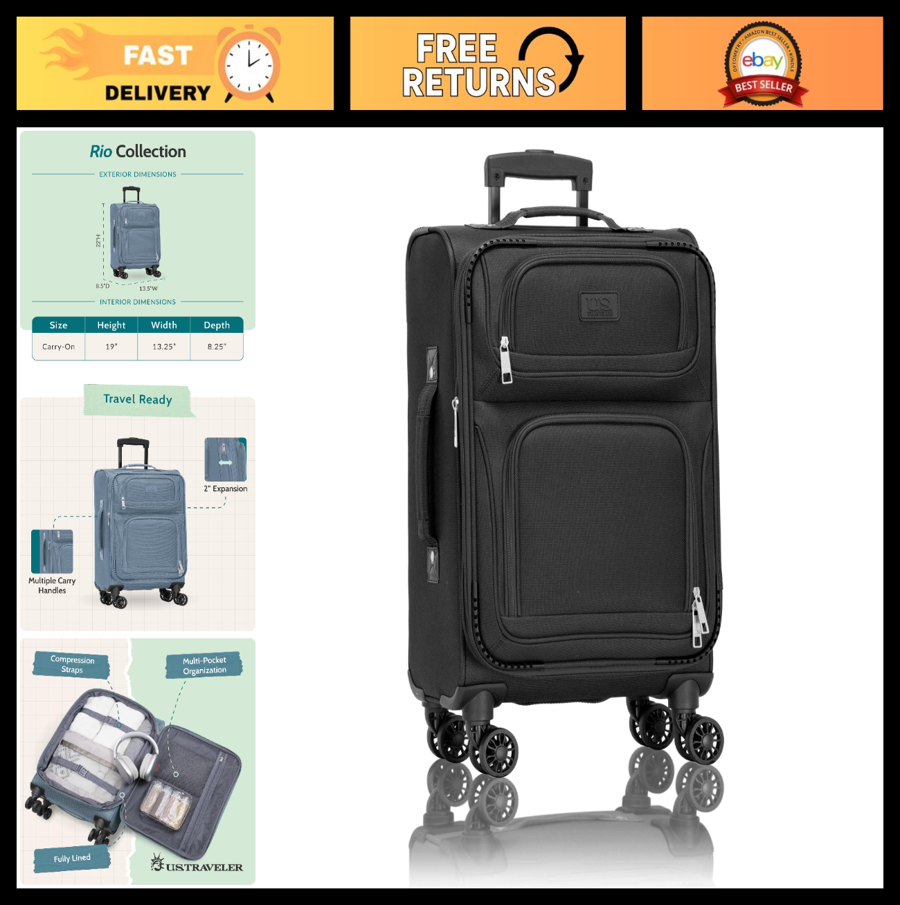 Lightweight Softside Rolling Carry-On Suitcase, 4-Wheel Travel Luggage, Black0
