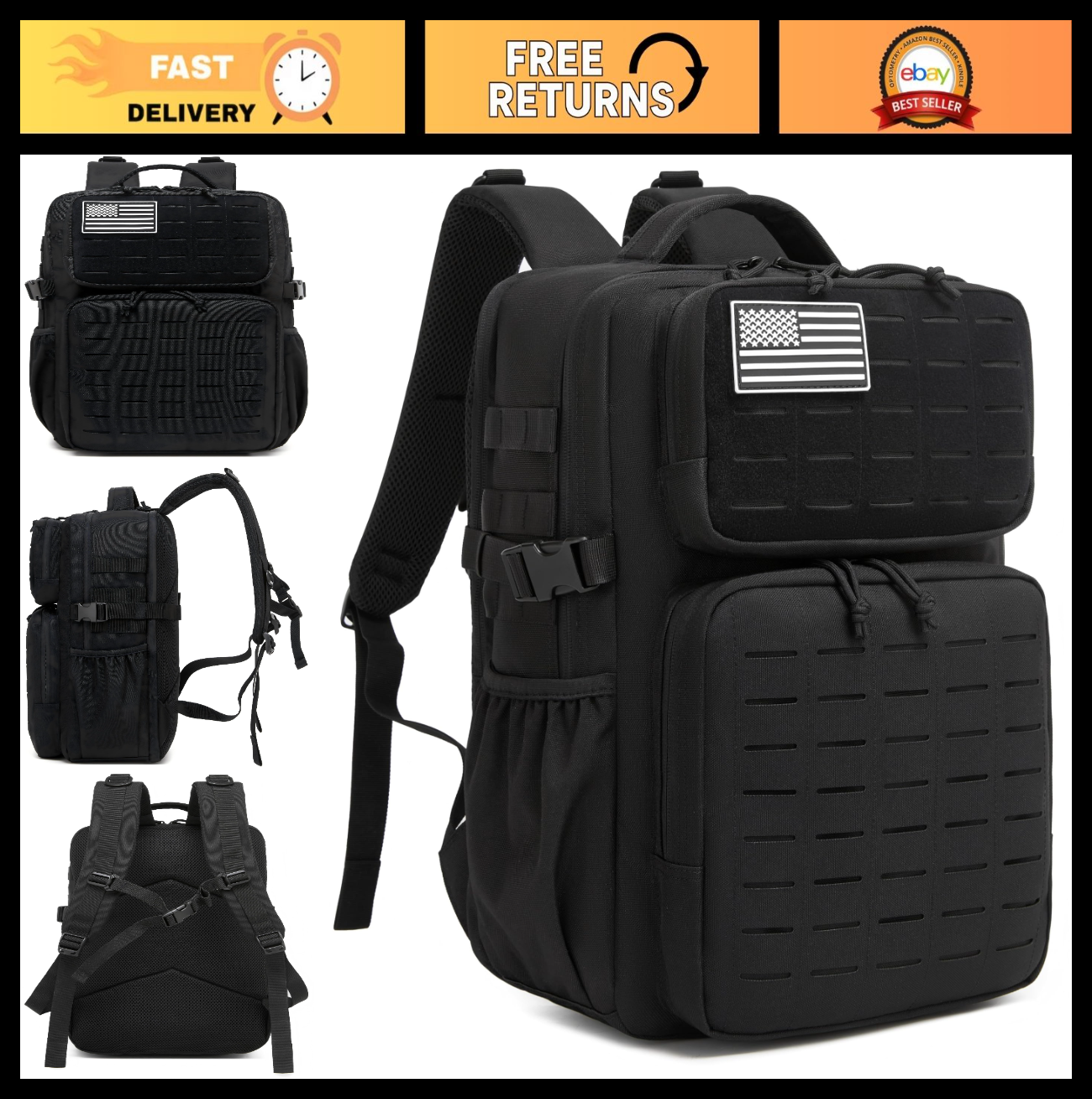 Waterproof Military Tactical Backpack 30L, 3 Day Assault Pack, MOLLE Design, Bla0